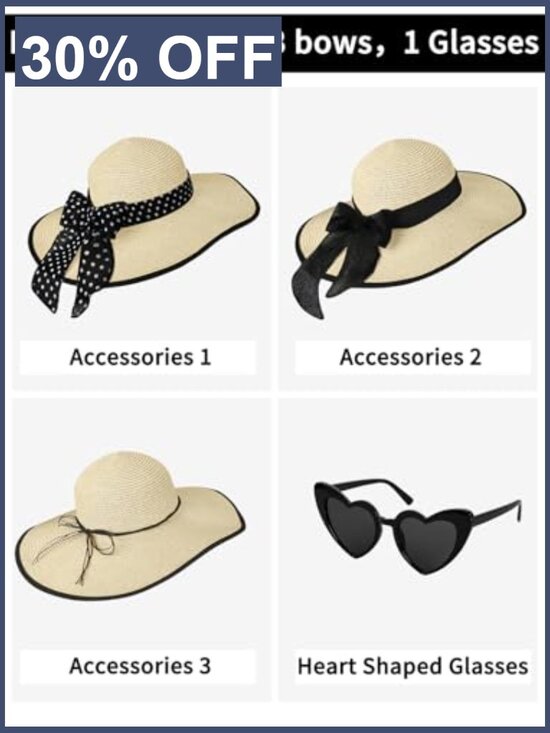 Wide Brim Floppy Straw Sun Hat with Sunglasses & Bows, Foldable Beach Hat main image 5